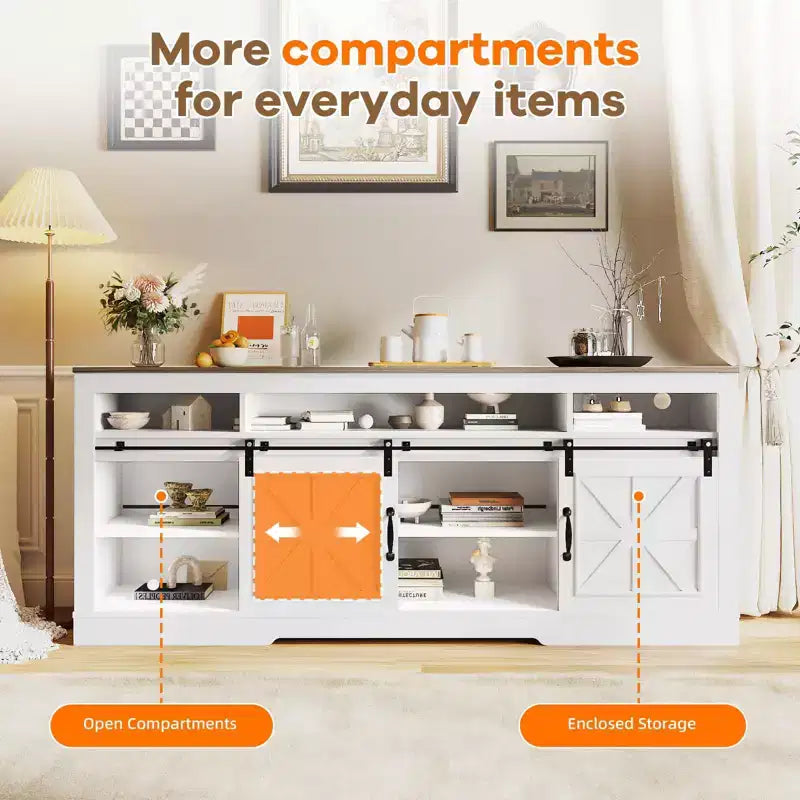 Meuble TV de style rustique pour téléviseur de 75 pouces, meuble de divertissement avec rangement semi-ouvert et portes de grange, console TV avec étagère réglable