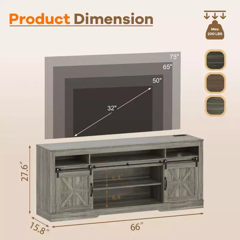 Meuble TV de style rustique pour téléviseur de 75 pouces, meuble de divertissement avec rangement semi-ouvert et portes de grange, console TV avec étagère réglable