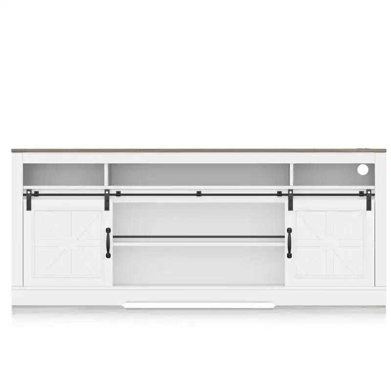 Meuble TV de style rustique pour téléviseur de 75 pouces, meuble de divertissement avec rangement semi-ouvert et portes de grange, console TV avec étagère réglable
