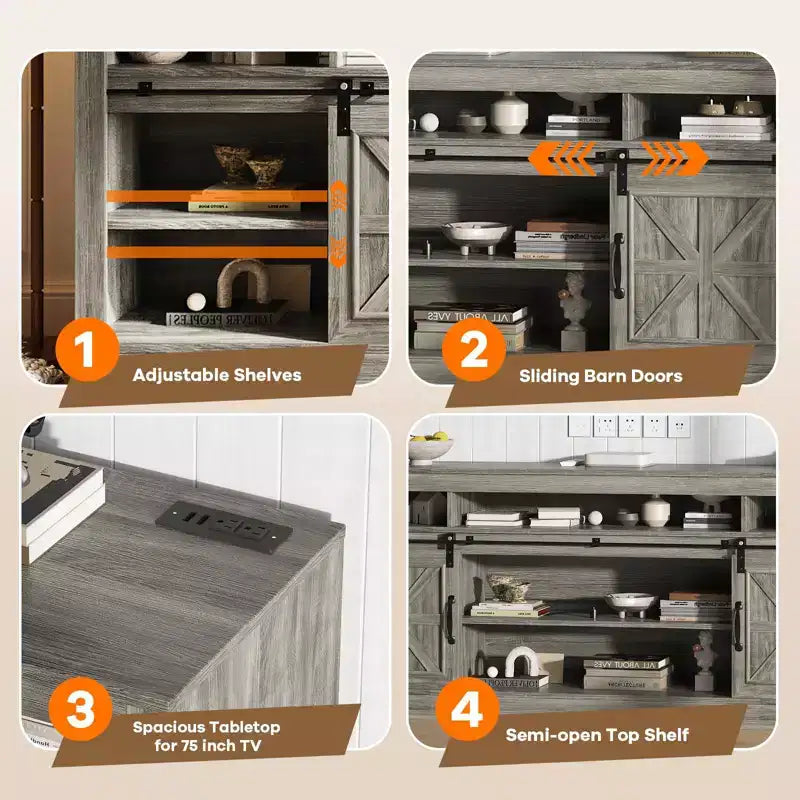 Meuble TV de style rustique pour téléviseur de 75 pouces, meuble de divertissement avec rangement semi-ouvert et portes de grange, console TV avec étagère réglable
