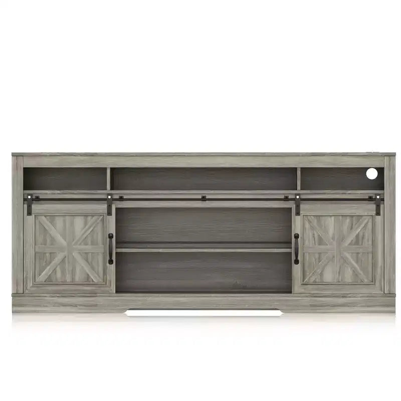 Meuble TV de style rustique pour téléviseur de 75 pouces, meuble de divertissement avec rangement semi-ouvert et portes de grange, console TV avec étagère réglable