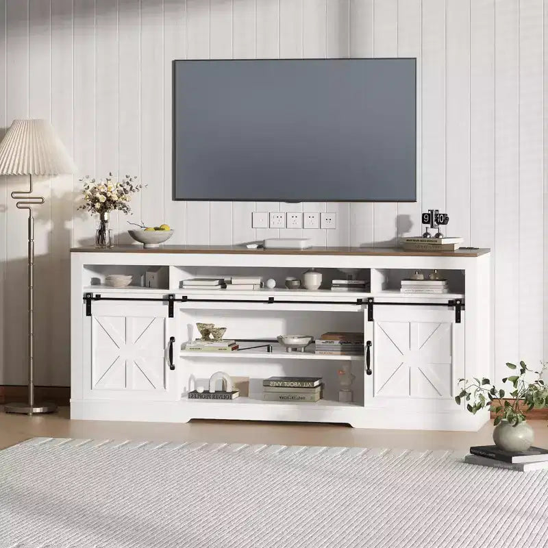 Meuble TV de style rustique pour téléviseur de 75 pouces, meuble de divertissement avec rangement semi-ouvert et portes de grange, console TV avec étagère réglable