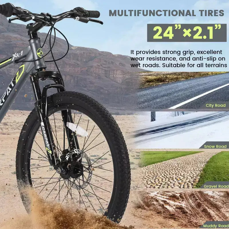 VTT Okak 24 pouces avec freins à disque doubles et suspension avant, vélo pour enfants avec 21 vitesses et cadre en acier, vélo pour garçons, filles