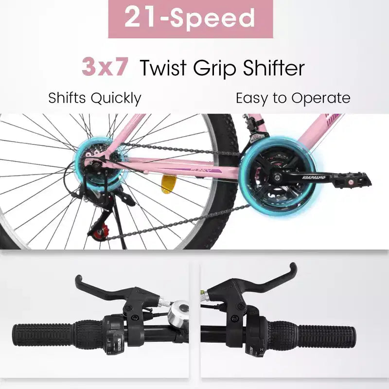 VTT Okak 24/26 pouces avec cadre en acier au carbone, vélo adulte avec système 21 vitesses et double frein en V, vélo de saleté pour adultes et adolescents