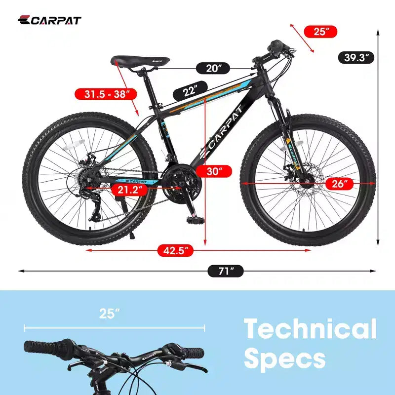 VTT Okak 26 pouces avec 21 vitesses et freins à disque mécaniques, vélo adulte avec cadre en acier à haute teneur en carbone, Dirt Bike pour enfants et adultes