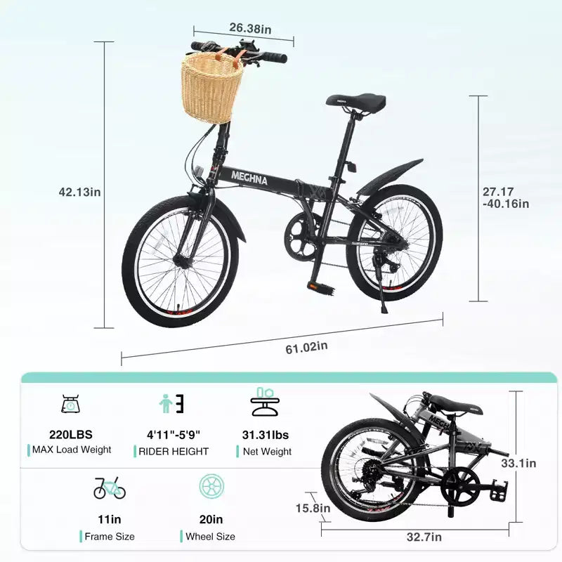 Vélo Pliant Okak 20 pouces avec Panier Avant, Support Téléphone et Garde-Boue, Vélo Adulte 6 Vitesses avec Cadre en Acier et Double Frein V-Brake, Vélo pour Hommes et Femmes