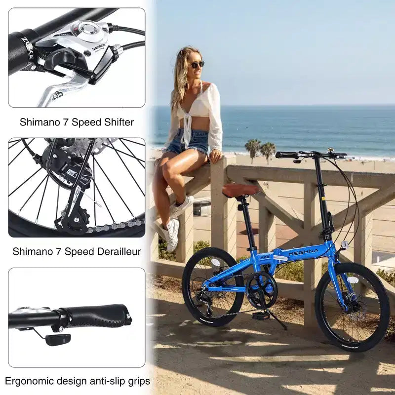 Vélo Pliant Okak 20 pouces avec Cadre Léger en Aluminium, Vélo de Ville 7 Vitesses avec Selle et Guidon Réglables pour les Trajets Urbains, Bleu