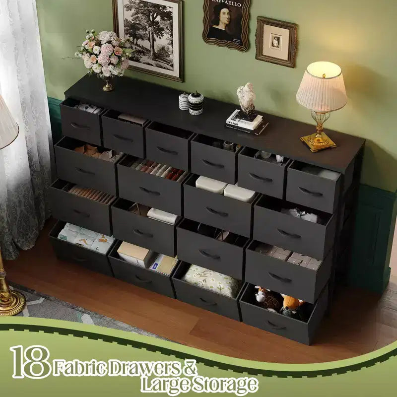 Commode longue à 18 tiroirs avec tiroirs en tissu et poignées en PU - Armoire de rangement robuste à cadre métallique pour chambre, salon, entrée