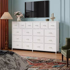 Commode longue à 18 tiroirs avec tiroirs en tissu et poignées en PU - Armoire de rangement robuste à cadre métallique pour chambre, salon, entrée