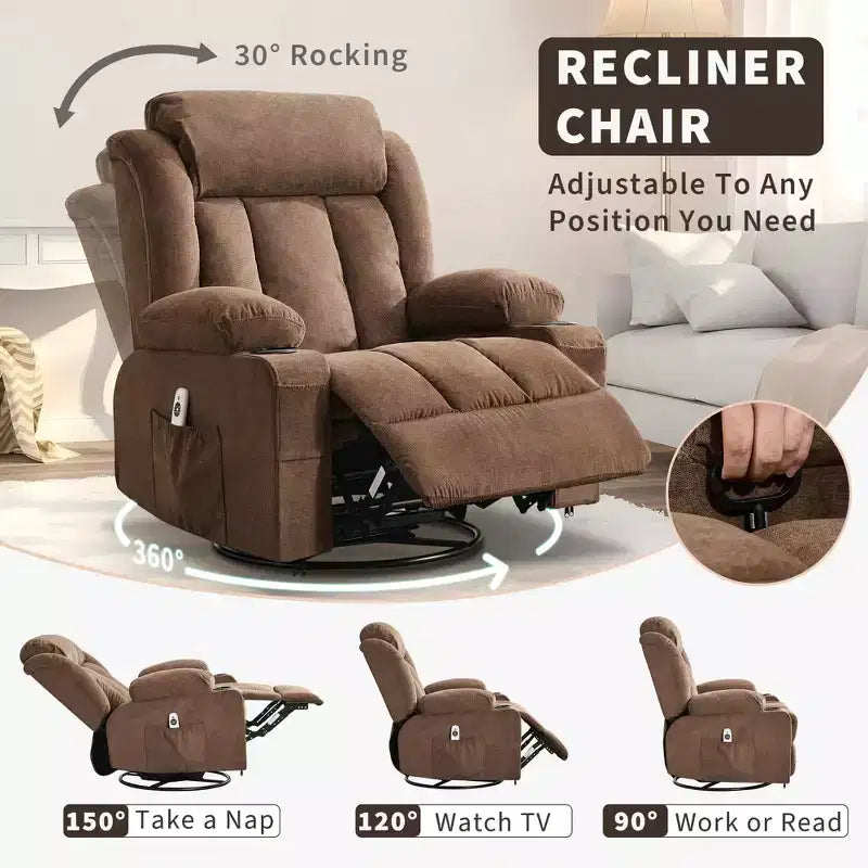 Fauteuil inclinable, pivotant à 360° et à bascule GustoWave en tissu, avec fonctions chauffante et massante, et extra large, pour adultes