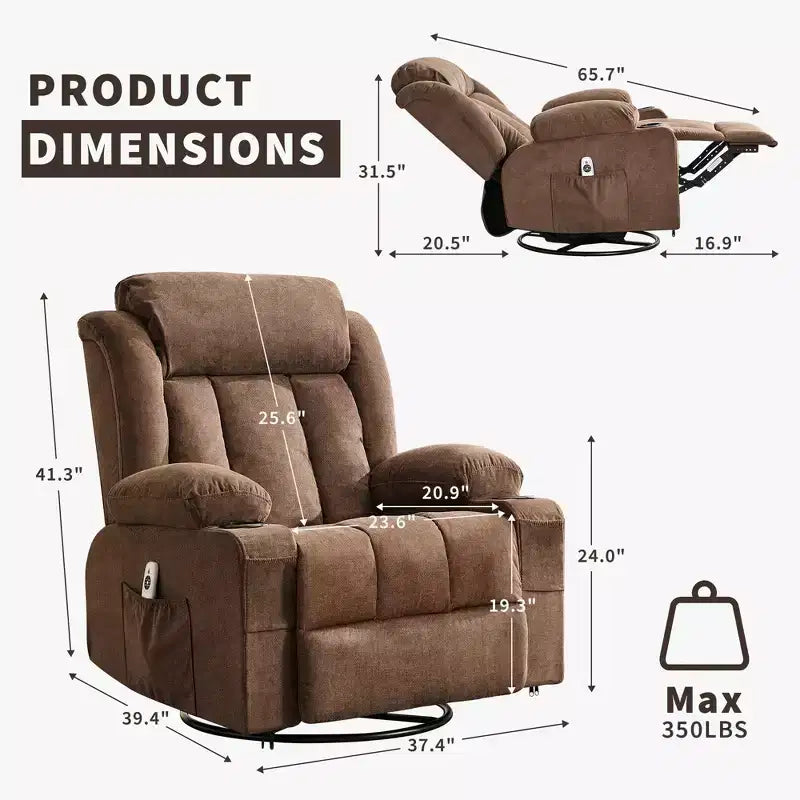 Fauteuil inclinable, pivotant à 360° et à bascule GustoWave en tissu, avec fonctions chauffante et massante, et extra large, pour adultes