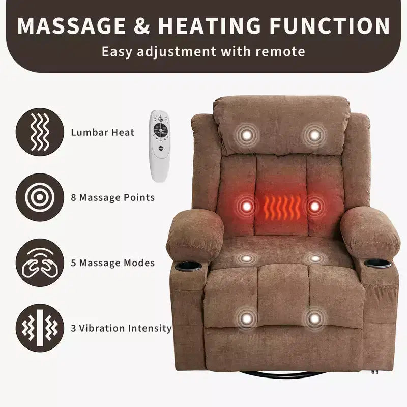 Fauteuil inclinable, pivotant à 360° et à bascule GustoWave en tissu, avec fonctions chauffante et massante, et extra large, pour adultes