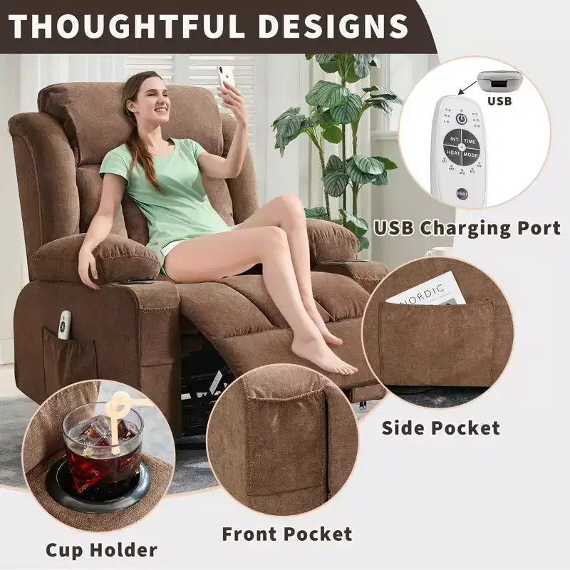 Fauteuil inclinable, pivotant à 360° et à bascule GustoWave en tissu, avec fonctions chauffante et massante, et extra large, pour adultes