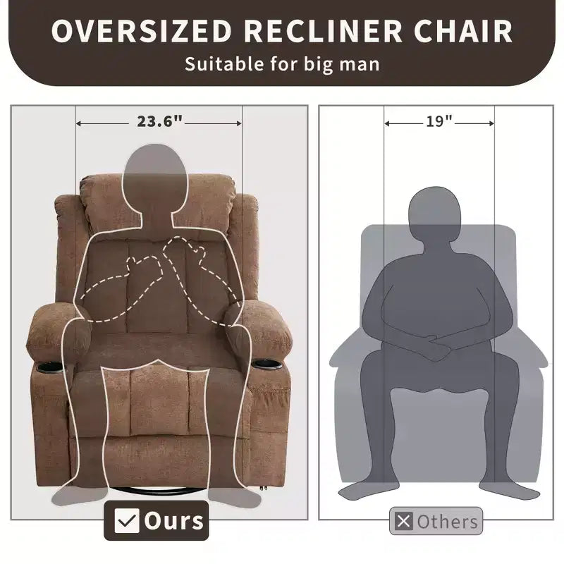 Fauteuil inclinable, pivotant à 360° et à bascule GustoWave en tissu, avec fonctions chauffante et massante, et extra large, pour adultes