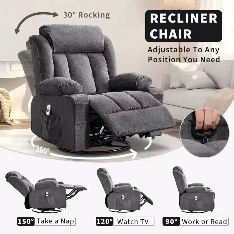 Fauteuil inclinable, pivotant à 360° et à bascule GustoWave en tissu, avec fonctions chauffante et massante, et extra large, pour adultes