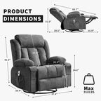 Fauteuil inclinable, pivotant à 360° et à bascule GustoWave en tissu, avec fonctions chauffante et massante, et extra large, pour adultes