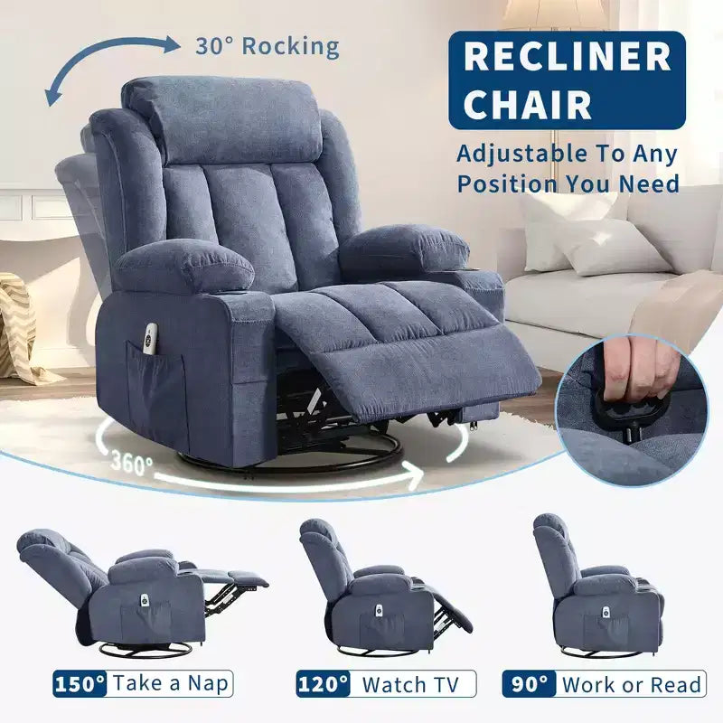 Fauteuil inclinable, pivotant à 360° et à bascule GustoWave en tissu, avec fonctions chauffante et massante, et extra large, pour adultes