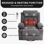 Fauteuil inclinable, pivotant à 360° et à bascule GustoWave en tissu, avec fonctions chauffante et massante, et extra large, pour adultes