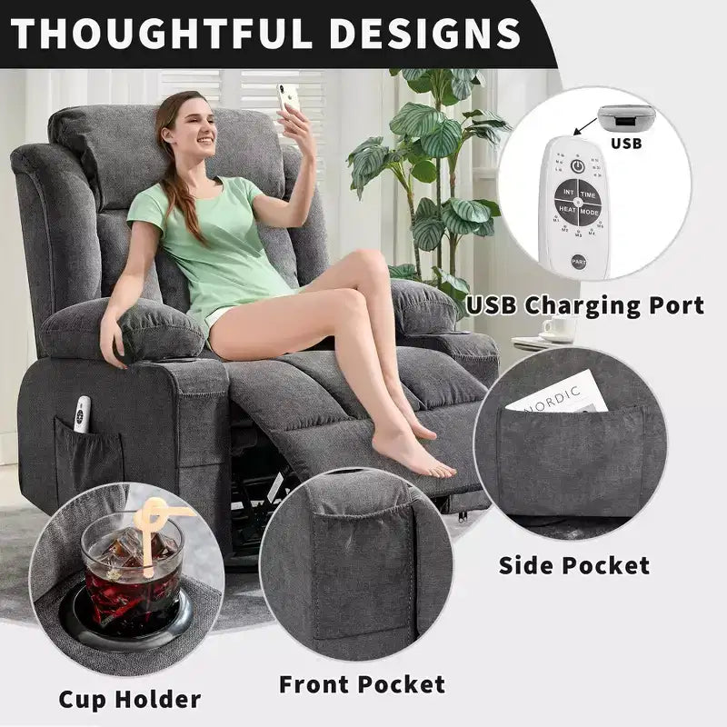 Fauteuil inclinable, pivotant à 360° et à bascule GustoWave en tissu, avec fonctions chauffante et massante, et extra large, pour adultes