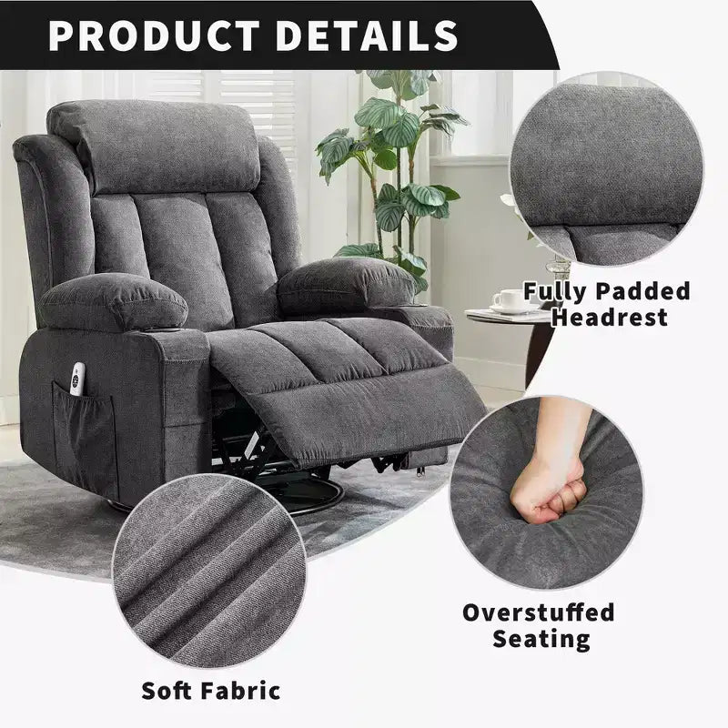 Fauteuil inclinable, pivotant à 360° et à bascule GustoWave en tissu, avec fonctions chauffante et massante, et extra large, pour adultes
