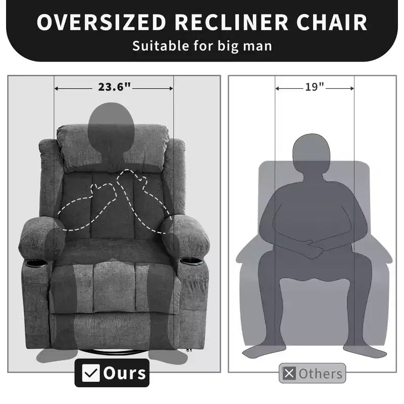 Fauteuil inclinable, pivotant à 360° et à bascule GustoWave en tissu, avec fonctions chauffante et massante, et extra large, pour adultes