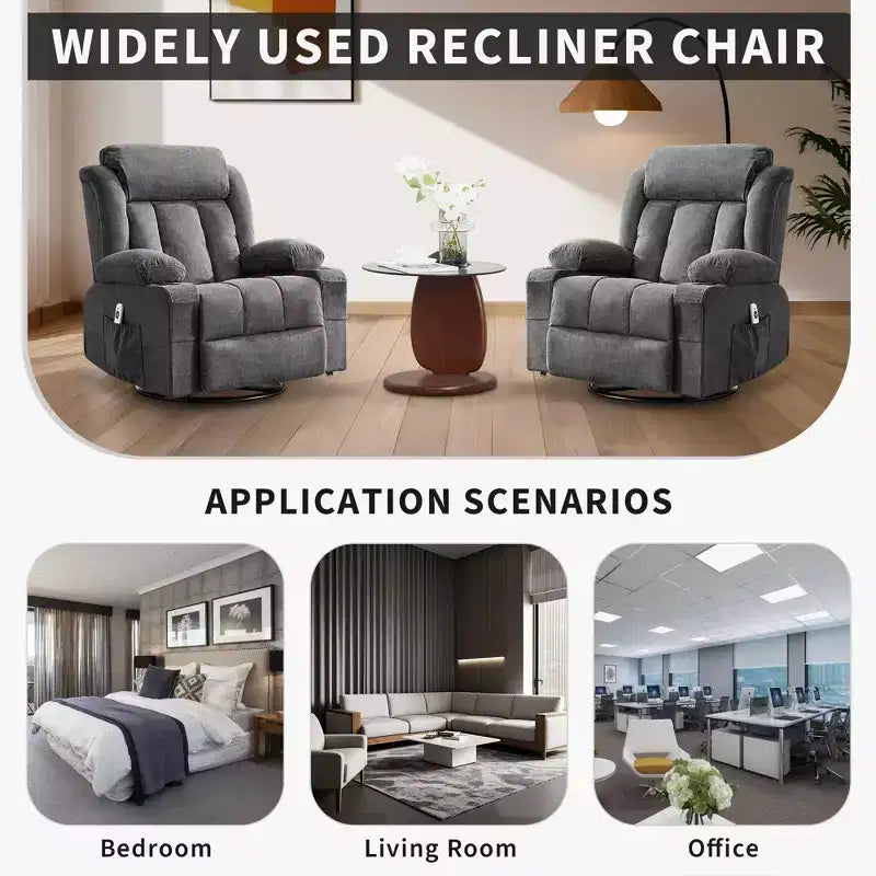 Fauteuil inclinable, pivotant à 360° et à bascule GustoWave en tissu, avec fonctions chauffante et massante, et extra large, pour adultes