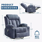 Fauteuil inclinable, pivotant à 360° et à bascule GustoWave en tissu, avec fonctions chauffante et massante, et extra large, pour adultes