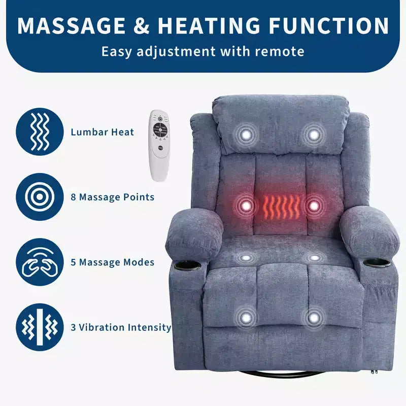 Fauteuil inclinable, pivotant à 360° et à bascule GustoWave en tissu, avec fonctions chauffante et massante, et extra large, pour adultes
