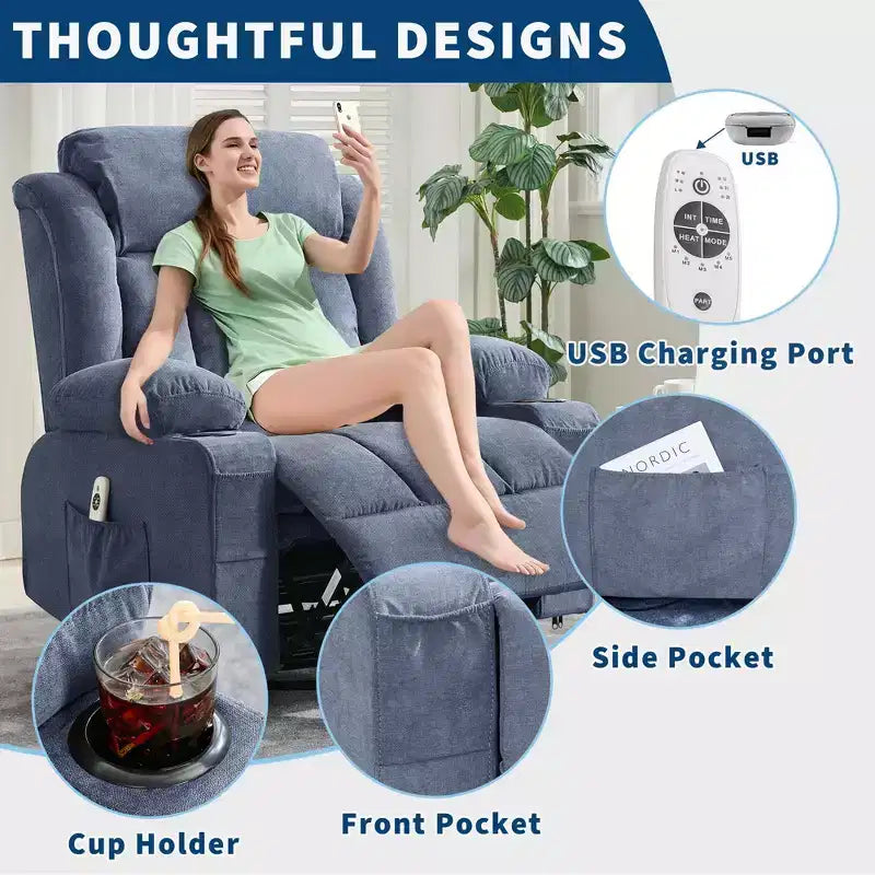 Fauteuil inclinable, pivotant à 360° et à bascule GustoWave en tissu, avec fonctions chauffante et massante, et extra large, pour adultes