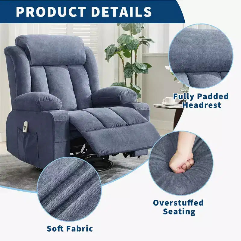 Fauteuil inclinable, pivotant à 360° et à bascule GustoWave en tissu, avec fonctions chauffante et massante, et extra large, pour adultes
