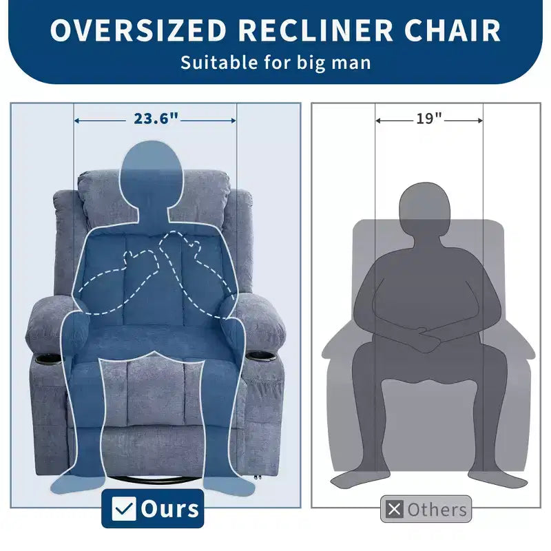 Fauteuil inclinable, pivotant à 360° et à bascule GustoWave en tissu, avec fonctions chauffante et massante, et extra large, pour adultes
