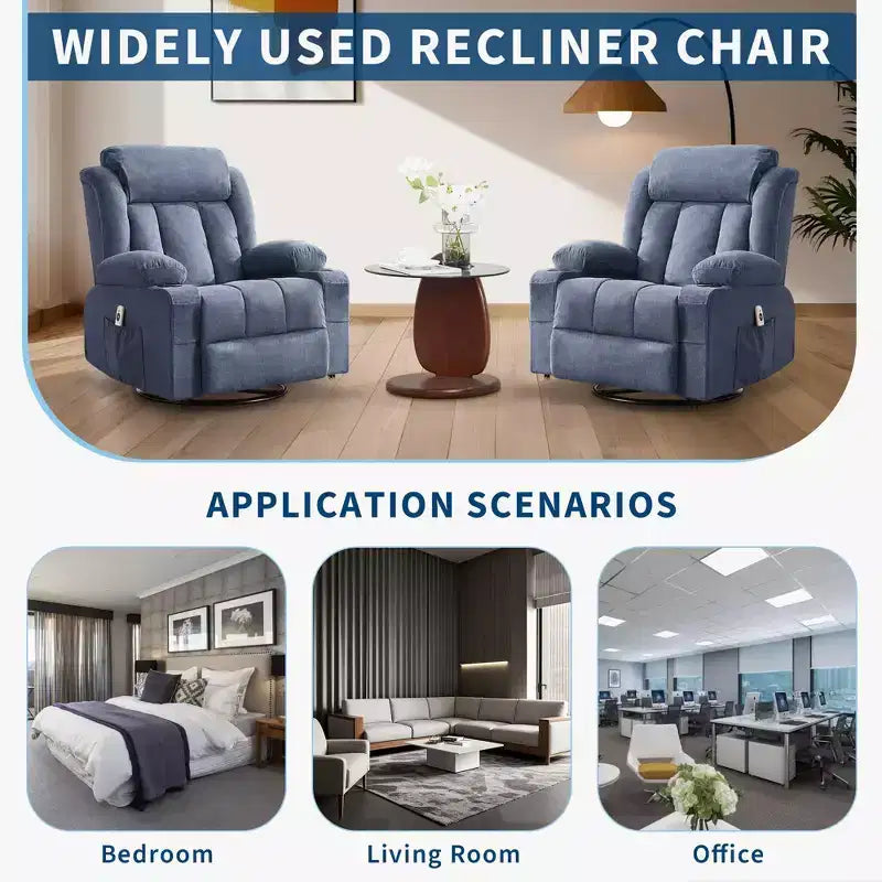 Fauteuil inclinable, pivotant à 360° et à bascule GustoWave en tissu, avec fonctions chauffante et massante, et extra large, pour adultes
