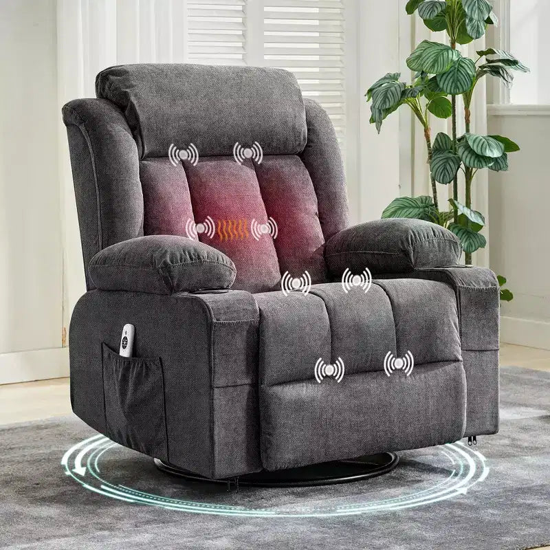 Fauteuil inclinable, pivotant à 360° et à bascule GustoWave en tissu, avec fonctions chauffante et massante, et extra large, pour adultes