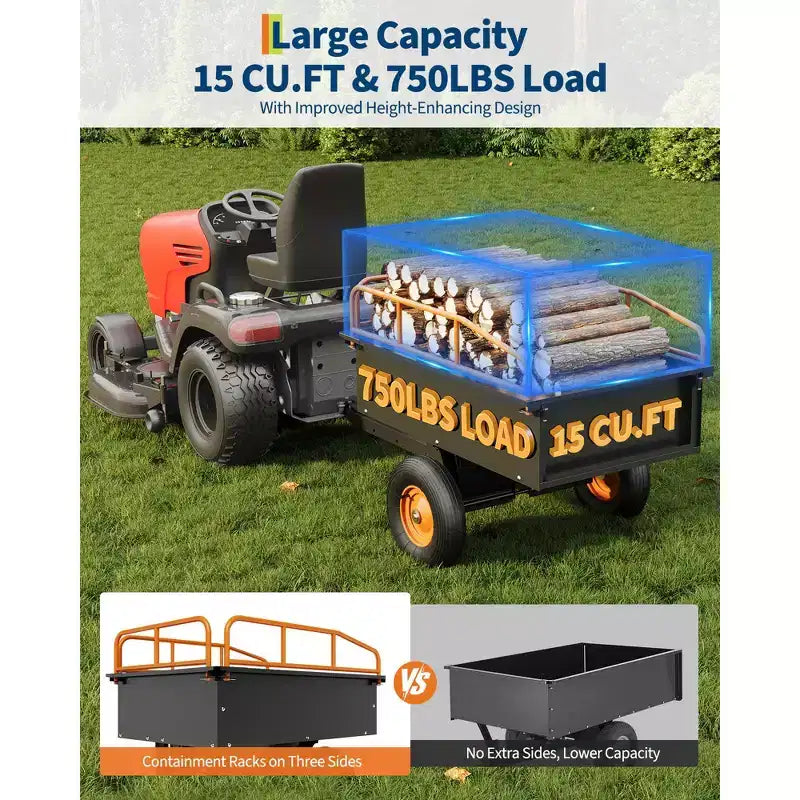 Remorque Lourd de VTT Benne Basculante en Acier, 340 kg (750 livres) 0,42 m³ (15 pieds cubes), Utilitaire de Jardin avec Côtés Amovibles pour Tracteur Tondeuse Autoportée