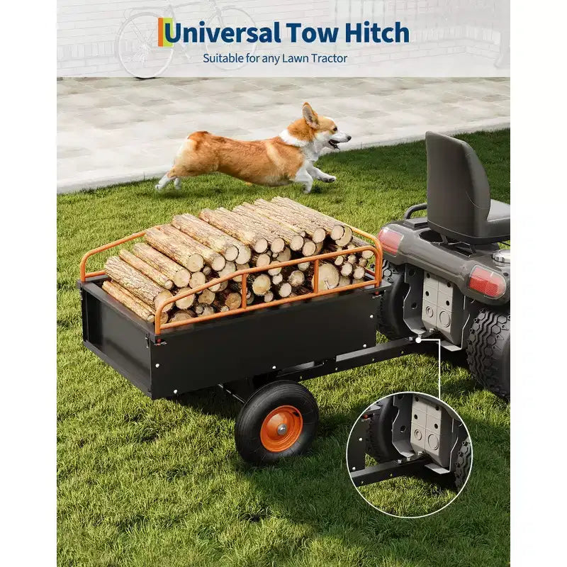 Remorque Lourd de VTT Benne Basculante en Acier, 340 kg (750 livres) 0,42 m³ (15 pieds cubes), Utilitaire de Jardin avec Côtés Amovibles pour Tracteur Tondeuse Autoportée
