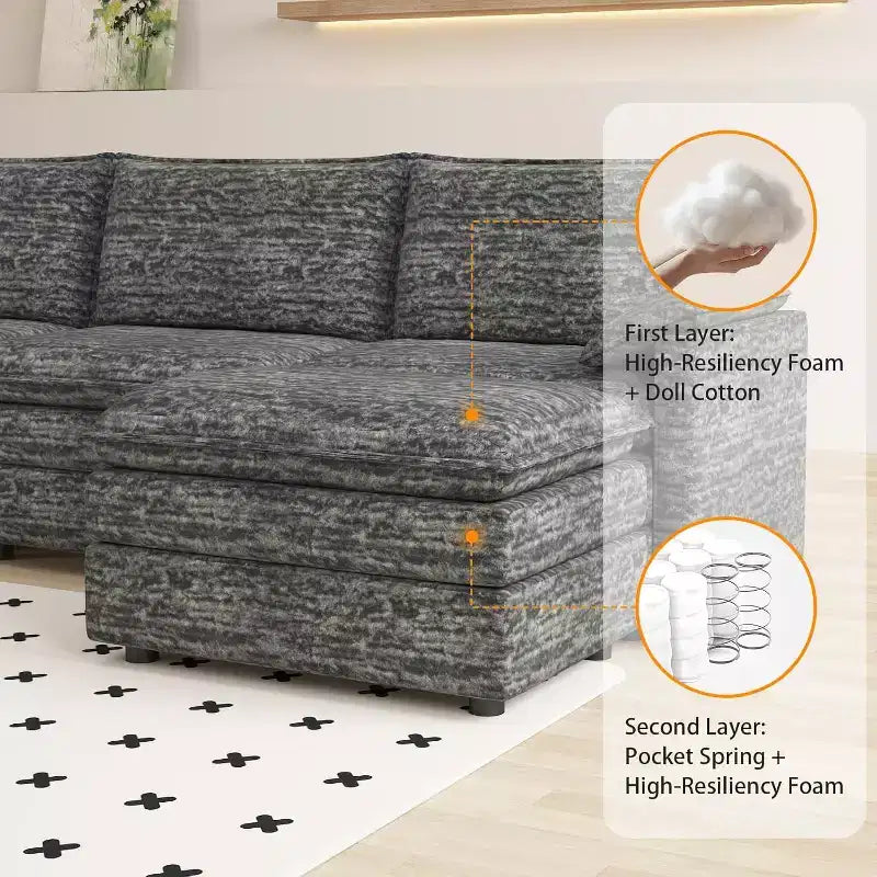 Canapé modulaire 108 XL, sectionnel moderne à assise profonde en chenille en forme de L pour 4 avec pouf amovible, canapé modulable polyvalent pour salon