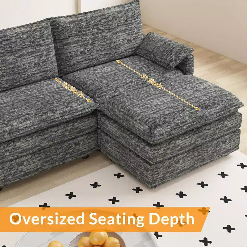 Canapé modulaire 108 XL, sectionnel moderne à assise profonde en chenille en forme de L pour 4 avec pouf amovible, canapé modulable polyvalent pour salon