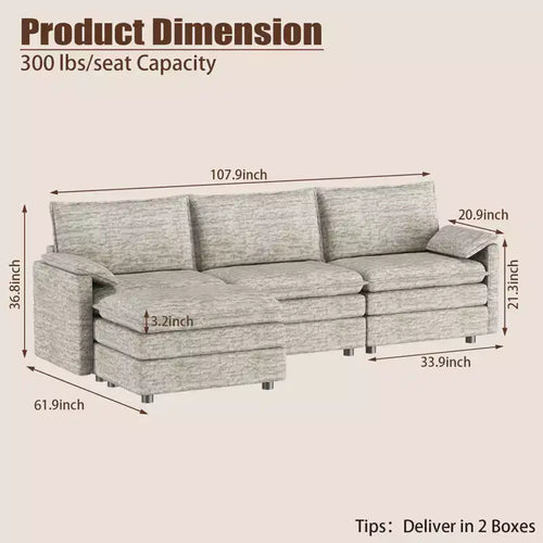 Canapé modulaire 108 XL, sectionnel moderne à assise profonde en chenille en forme de L pour 4 avec pouf amovible, canapé modulable polyvalent pour salon