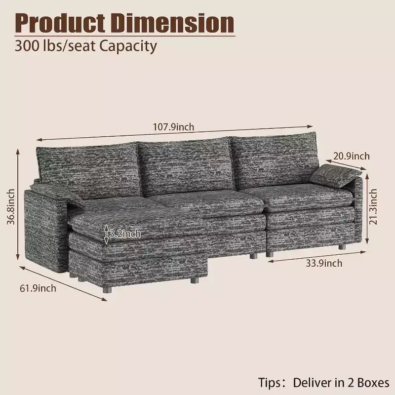 Canapé modulaire 108 XL, sectionnel moderne à assise profonde en chenille en forme de L pour 4 avec pouf amovible, canapé modulable polyvalent pour salon