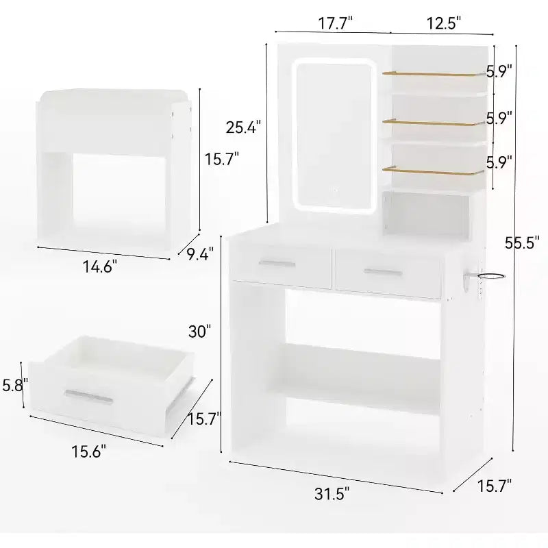 Coiffeuse avec miroir lumineux, coiffeuse de maquillage avec prise de courant 3 couleurs d'éclairage luminosité réglable coiffeuse pour femmes