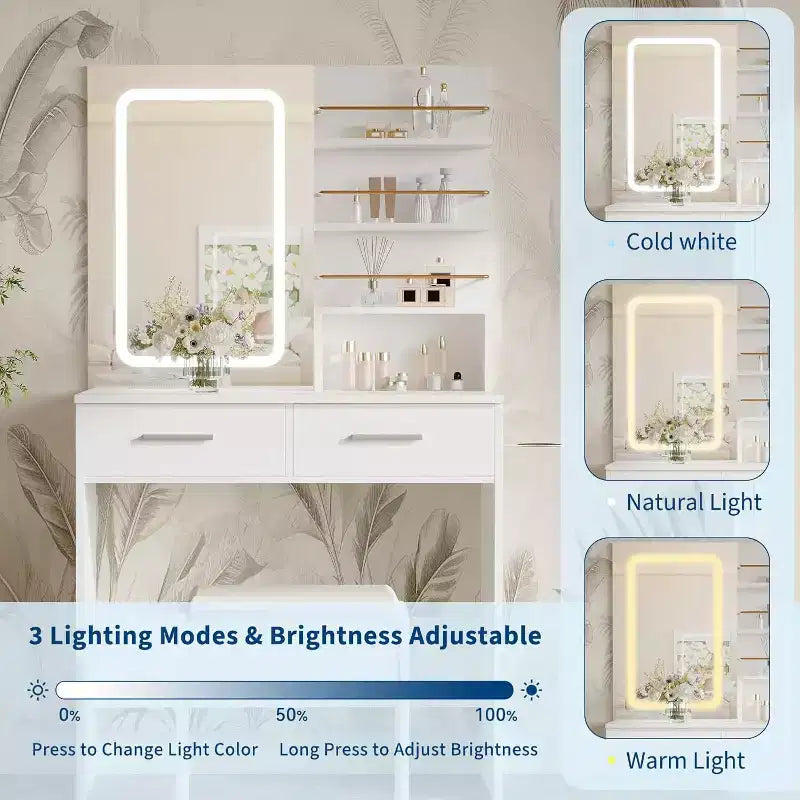 Coiffeuse avec miroir lumineux, coiffeuse de maquillage avec prise de courant 3 couleurs d'éclairage luminosité réglable coiffeuse pour femmes