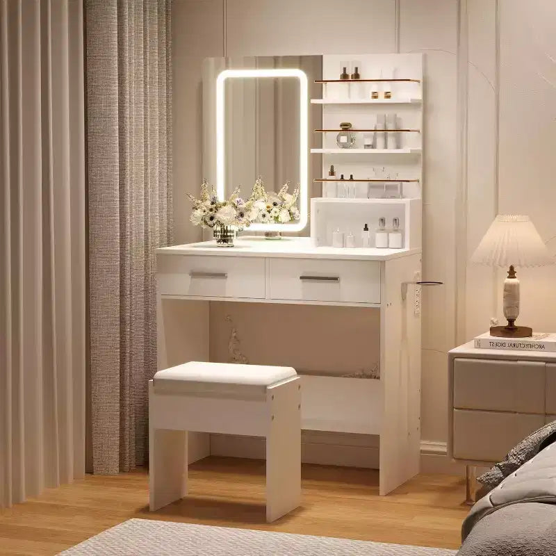Coiffeuse avec miroir lumineux, coiffeuse de maquillage avec prise de courant 3 couleurs d'éclairage luminosité réglable coiffeuse pour femmes