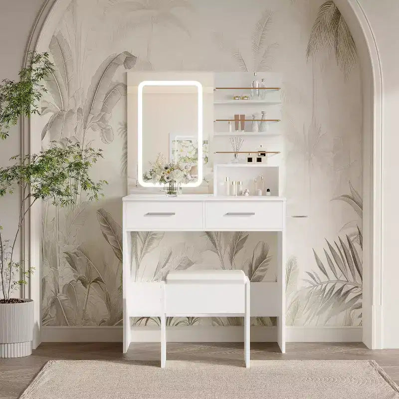 Coiffeuse avec miroir lumineux, coiffeuse de maquillage avec prise de courant 3 couleurs d'éclairage luminosité réglable coiffeuse pour femmes