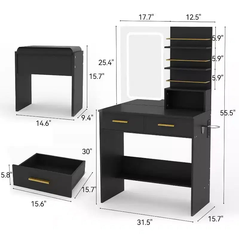 Coiffeuse avec miroir lumineux, coiffeuse de maquillage avec prise de courant 3 couleurs d'éclairage luminosité réglable coiffeuse pour femmes