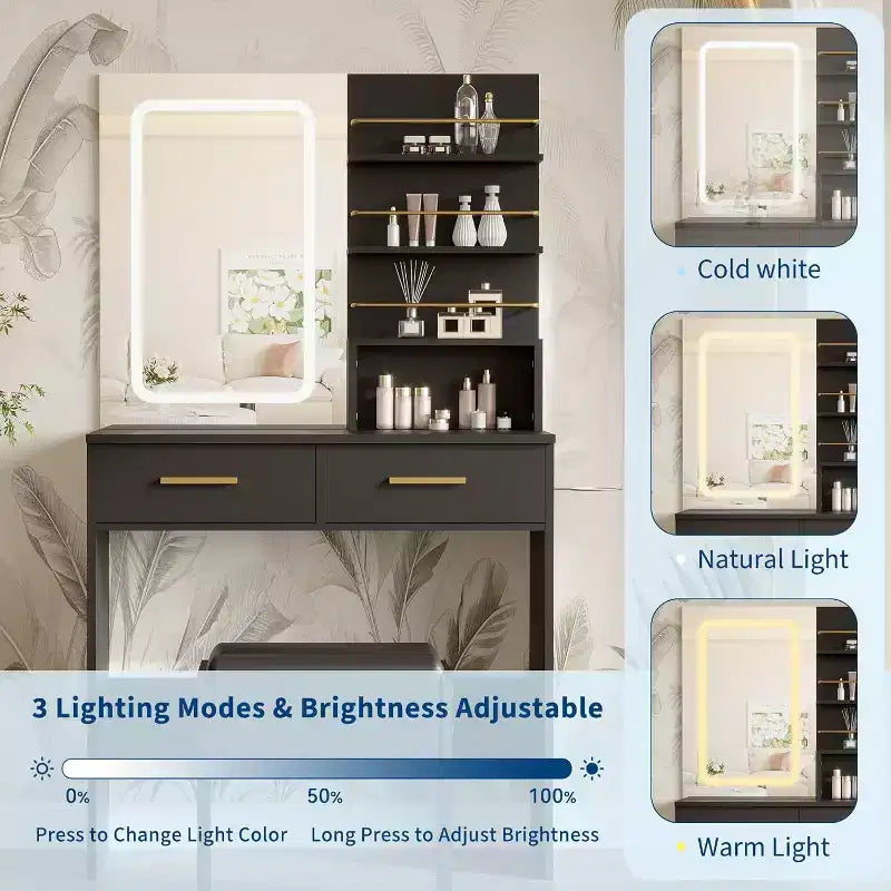 Coiffeuse avec miroir lumineux, coiffeuse de maquillage avec prise de courant 3 couleurs d'éclairage luminosité réglable coiffeuse pour femmes