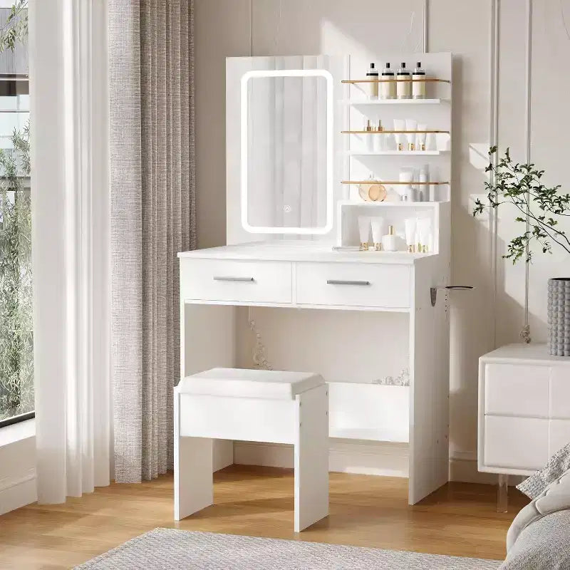 Coiffeuse avec miroir lumineux, coiffeuse de maquillage avec prise de courant 3 couleurs d'éclairage luminosité réglable coiffeuse pour femmes