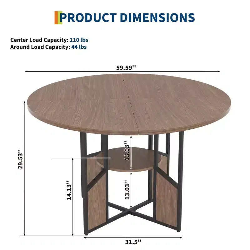 Table de salle à manger ronde en bois de 59 pouces pour 4 à 6 personnes, avec base et pieds réglables. Style ferme, peu encombrante, adaptée au salon.