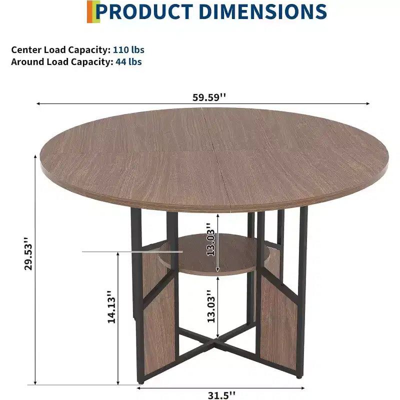 Table de salle à manger ronde en bois de 59 pouces pour 4 à 6 personnes, avec base et pieds réglables. Style ferme, peu encombrante, adaptée au salon.