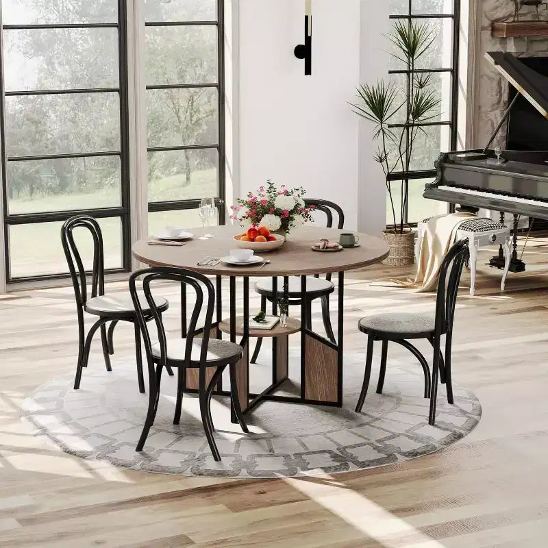 Table de salle à manger ronde en bois de 59 pouces pour 4 à 6 personnes, avec base et pieds réglables. Style ferme, peu encombrante, adaptée au salon.