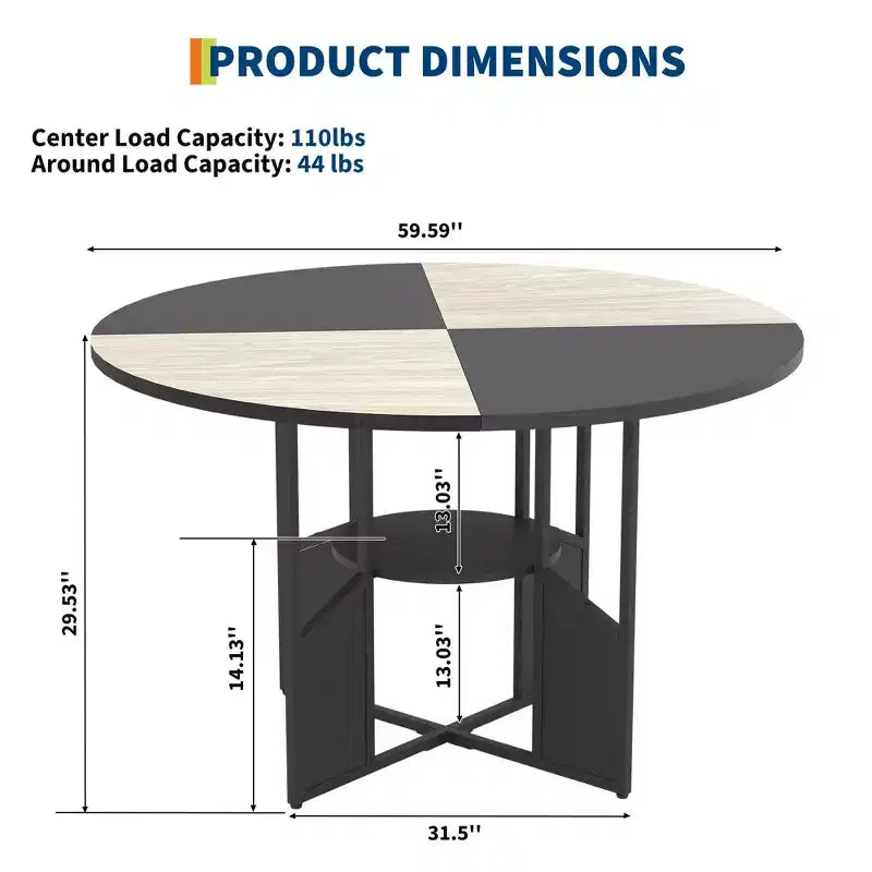 Table de salle à manger ronde en bois de 59 pouces pour 4 à 6 personnes, avec base et pieds réglables. Style ferme, peu encombrante, adaptée au salon.